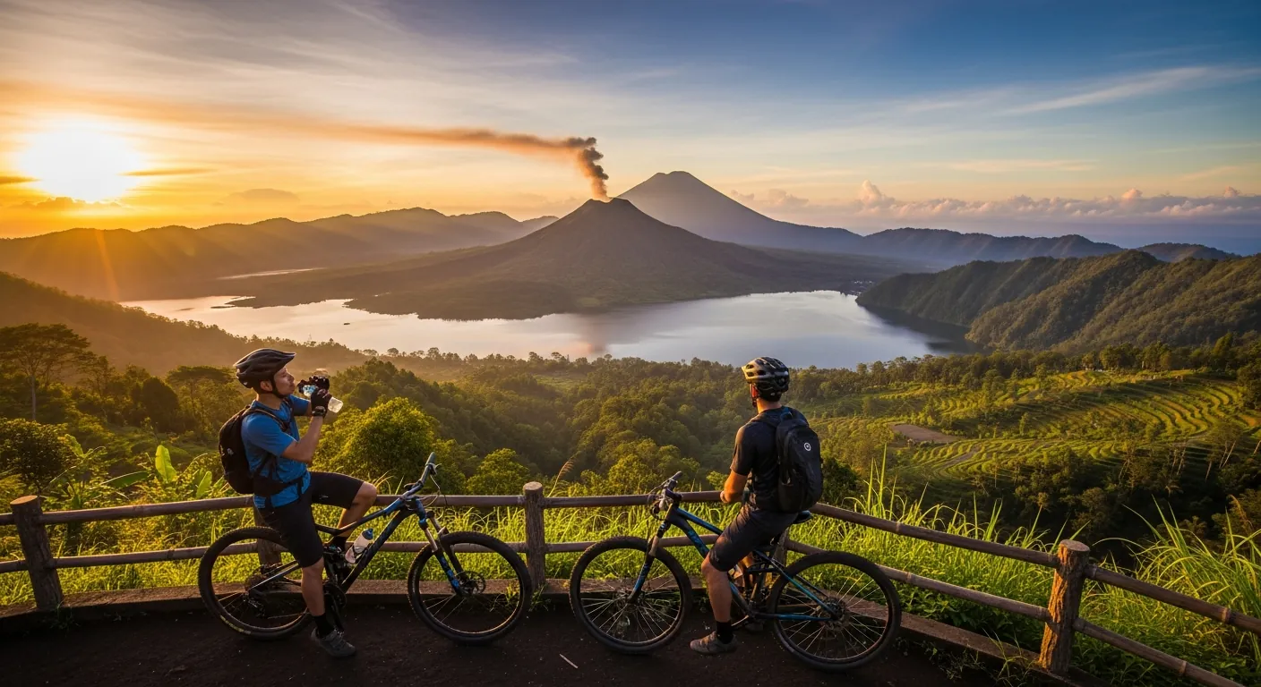 E-MTB riders at a Mount Batur viewpoint