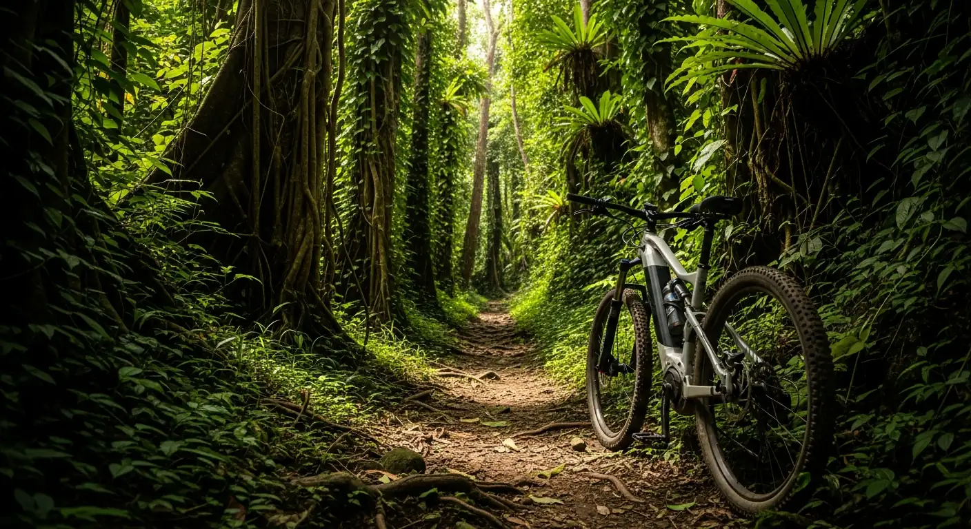 Electric mountain bike on a Bali jungle trail