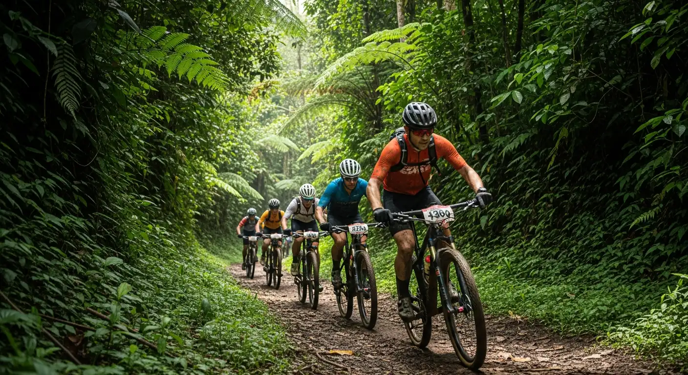 Riders on a Bali highland forest trail