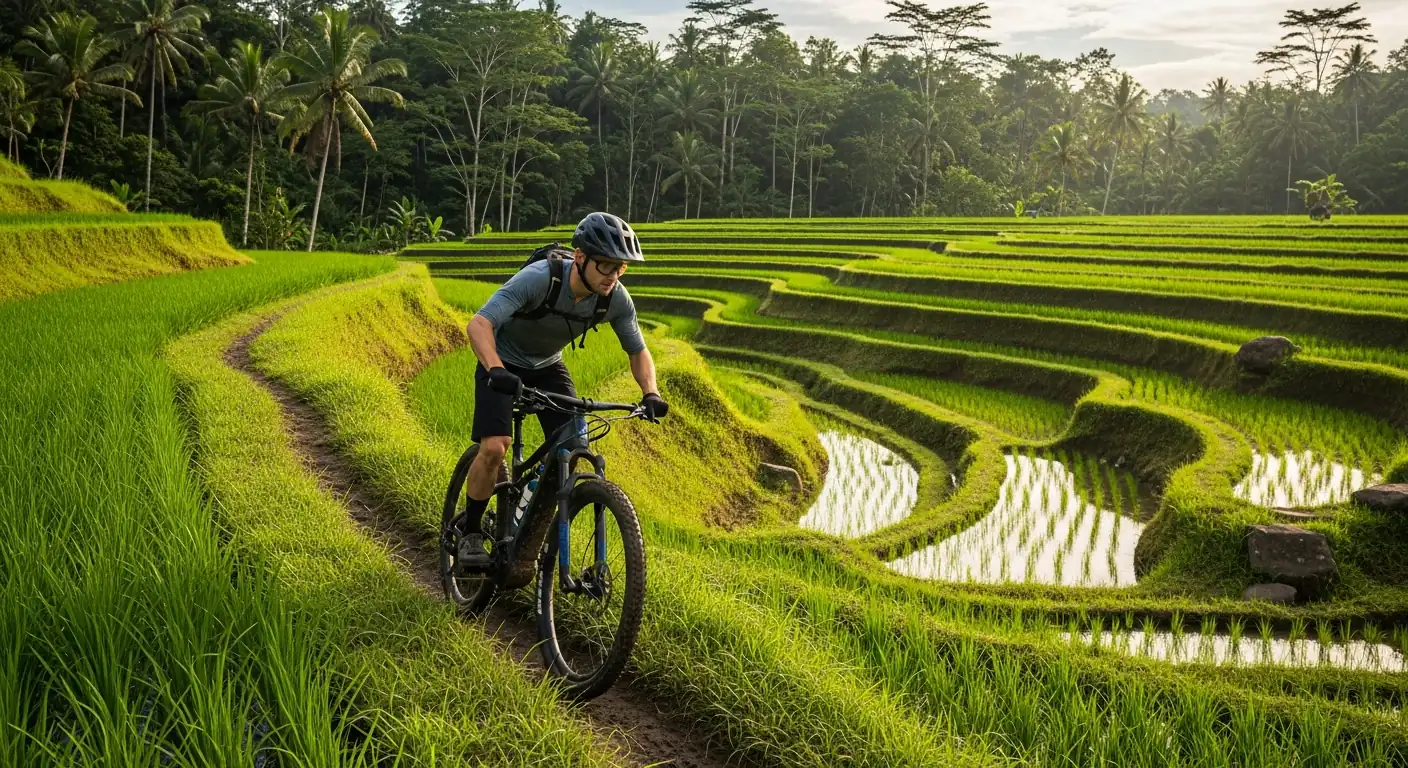 Riding an e-MTB through Bali rice terraces